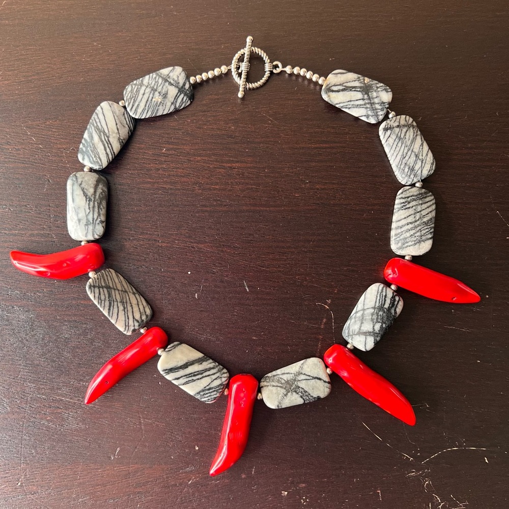 Vintage 17” Zebra Jasper and Coral Spike Choker Necklace, Statement Jewelry
